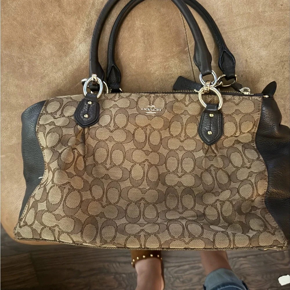 Coach Brown Signature Canvas Satchel with Black Trim
